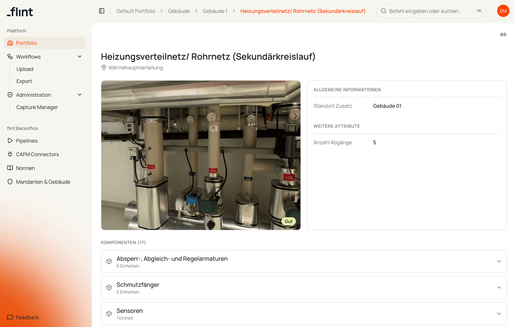 flint Anlagen-Detailansicht — Heizungsverteilnetz mit Foto, Attributen und Komponenten
