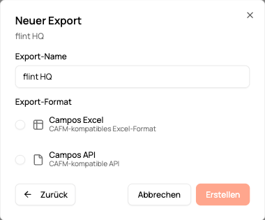 flint Export-Assistent — Exportformate Campos Excel und Campos API