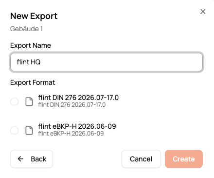 flint Export-Assistent — neuer Export mit flint eBKP-H- und DIN 276-Formaten